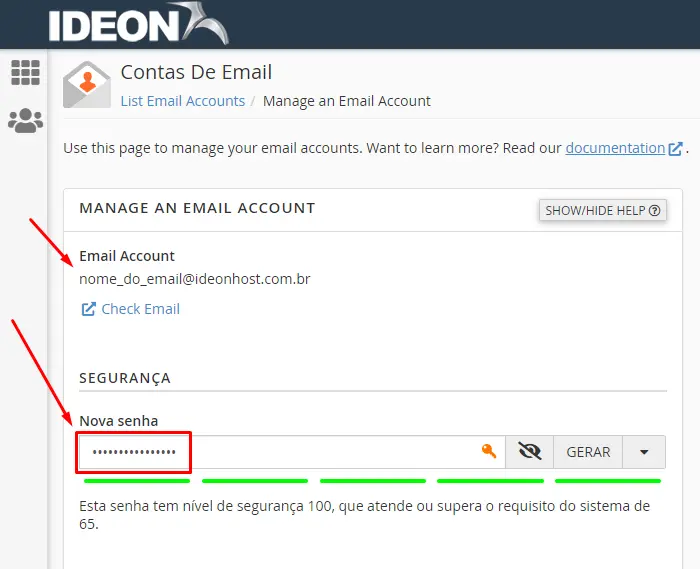 trocar senha da conta de e-mail